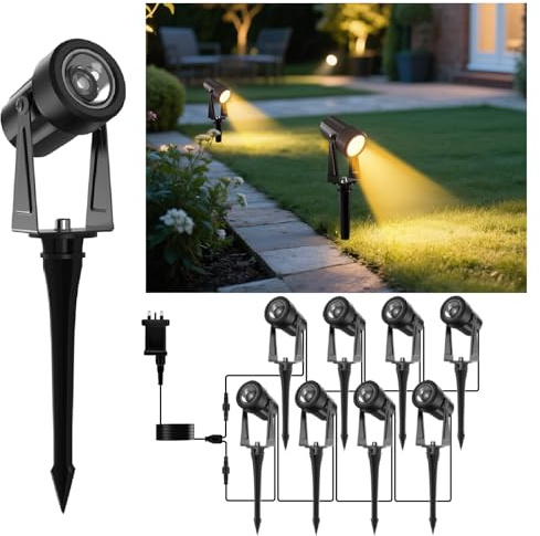 GLOBELIT Garden Spike Lights 90FT, 8-Pack 360° Adjustable Garden Spot Lights - IP65 Waterproof, 3000K Warm White, 30° Beam Angle - Ground/Wall Mount Outdoor LED Mains Powered (Black)