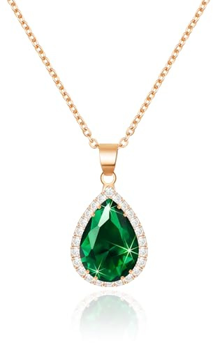 Linawe Collar para mujer, collares de oro rosa, collar para mujer, diamante verde esmeralda, piedra de nacimiento, collar de cristal, colgante, cadena de dijes, conjuntos de joyas