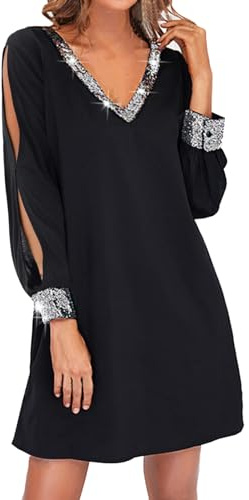 Robe Strass et Paillettes Femmes Courte - Manche Longue Soirée Grandes Tailles Sexy Col V Magnifique Coloriés Lâche épissure Sequin Brillant Tempérament Chic Short