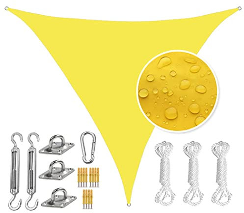 Waterproof Triangle Sun Shade Sail Canopy Cover for Patio 3.6X3.6X3.6M Heavy Duty Stainless Steel Hardware Kit Ideal for Outdoor Backyard Lawn Garden Pool Carport Yellow