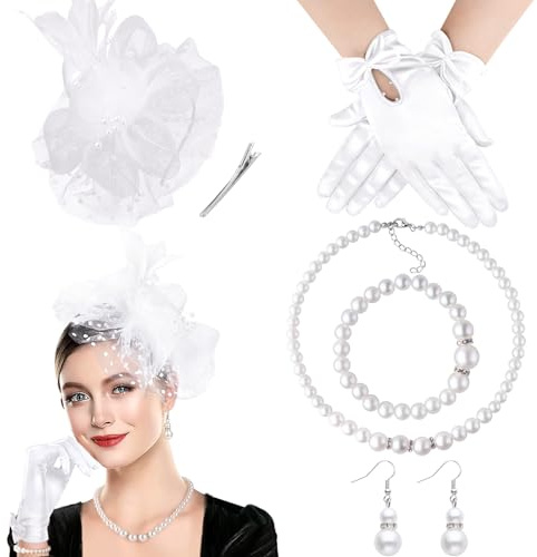 DRESHOW Fascinator Chapeau pour Femme Cocktail Tea Party Chapeaude Pilulier en Voile Maillé et Plumes Chapeau de Derby et Gants Ensemble de Bijoux en Perles pour Fille et Femmes