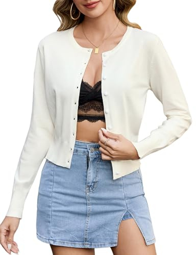 Aottori Cardigan Donna Corto Elegante Bolero Girocollo Maniche Lunghe Coprispalle a Maglia con Bottoni Giacca Leggero Matrimonio per Primavera Autunno Bianco M