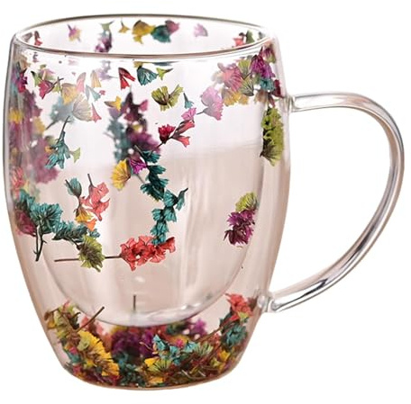 Tasses En Verre À Double Paroi - Tasses En Verre À Double Paroi Floral Fusion | Tasses À Café En Verre À Double Paroi De Fleurs Séchées | Tasses En Verre À Thé Isolées À Double Couche De 350 Ml | Tass
