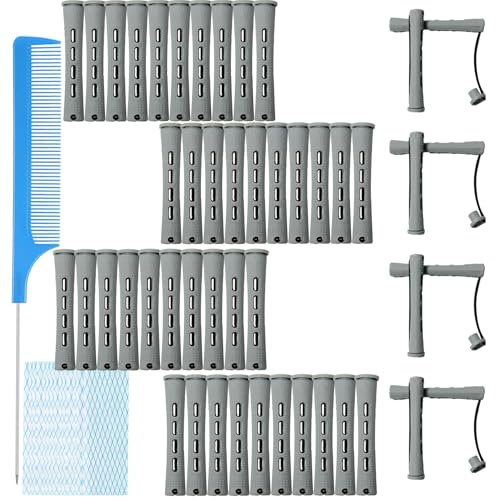 MOODKEY 48pcs Perm Rods, Plastic Hair Rollers Heatless Hair Curlers Set with 1pc Rat Tail Comb and 50pcs Curling Paper for Hairdressing Styling(grey,0.55in)