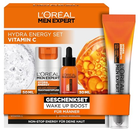 L'Oréal Men Expert kühlendes Pflegeset für Männer, Geschenkset mit Gesichtscreme, Gesichtsserum und Augen Roll-On, Set für Herren mit Vitamin C, Hydra Energy, 3-teilig
