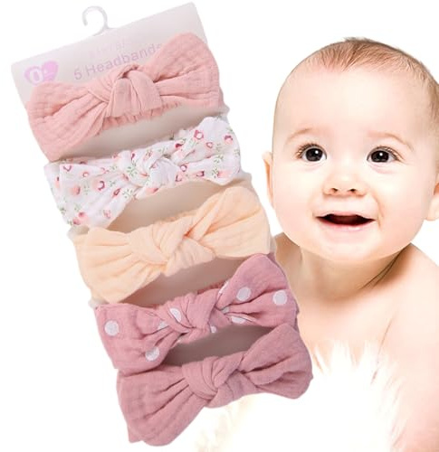Rosettpannband för småflickor, babyrosetter pannband – 18 x 3,5 cm huvudsjal hårtillbehör, set med 5 hårband med knut för fotobås rekvisita, baby shower och vardagskläder