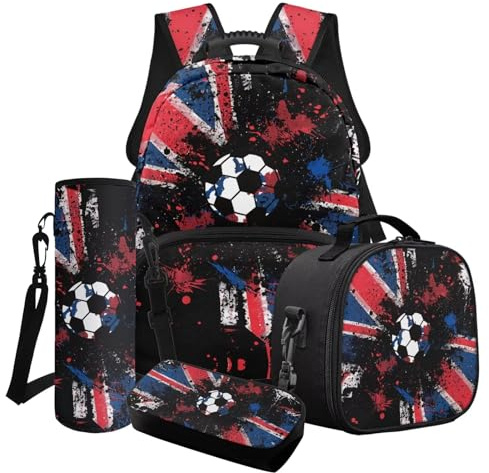LACIYISON Paint Splatter Union Jack Football Print Backpacks 4 Pieces Set Bookbag for Teenage Boys Primary Secondary School Satche with Pencil Bag Water Bottle Sleeve Lunch Bag