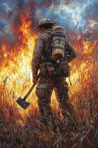 Adults and Beginners 5D Diamond Painting DIY Full Drill Kits Brave Firefighter Axe Pictures Rhinestone Crystal Embroidery Diamond Art Perfect for Gift and Home Wall Decor Round Drill 30x45cm A02516