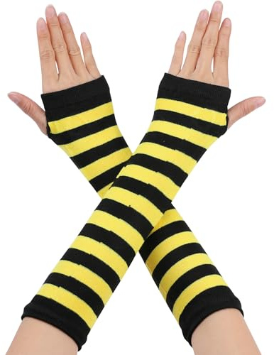 Allegra K Women's Fingerless Gloves Printed Elbow Length Knitted Arm Warmer | Printed knitted elbow length, stretchy materials, Keeps arms warm, cosplay, events, daily Yellow Black Wide Stripes One Size