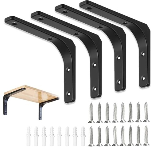 Regalhalterung, 4 Stück Metall Schwerlast Konsole Wandwinkel, Schwar L Metallwinkel, Regal Wandhalterung, Winkel Regal mit Schrauben, Für Wandmontage, Garten, Küche