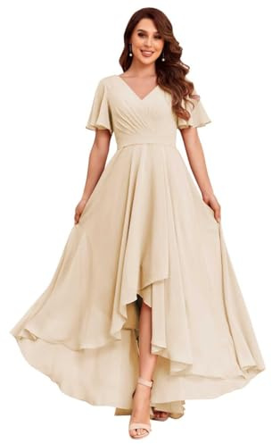 JAEDEN Vokuhila Abendkleider Damen V-Ausschnitt Brautjungfernkleider Chiffon Festkleider mit Ärmel Champagner 42