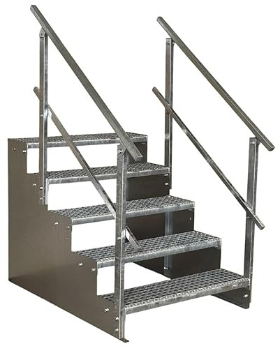 SRM Design 5 Stufen Standtreppe Wangentreppe Gitterrosttreppe Außentreppe Industrietreppe Modell 2 verzinkt Tritthöhe 18 cm, Breite 110 cm, Höhe 90 cm 2X Geländer