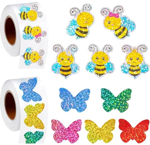1000 Blatt Glitzer Stickers, 2 Stück Schmetterlinge Biene Aufkleberrolle | Animal Sticker Rolle, 10 Verschiedene Muster, für Fotoalben Scrapbooking Party Schulen Belohnungsaufkleber Geschenkdekoration
