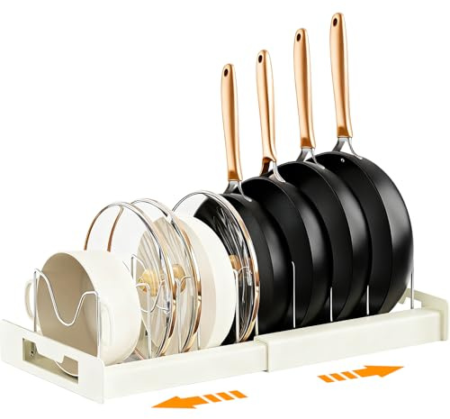 Dayacoco Pans Organiser with 10 Adjustable Dividers,Expands 12–22(White) | Pan lid organiser,Metal Pan Organiser Rack for Cupboards,stores pans, pan lids, Chopping Board,Baking Trays