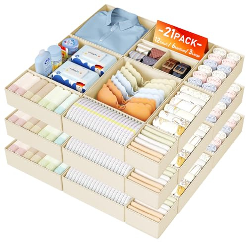 DIMJ Drawer Organisers and Clothes Dividers - 21 Pack Fabric Wardrobe Storage Cubes Foldable Draw Box for Socks, Underwear, Baby Clothing, Ties, Nursery, Bedroom, Chest of Drawers, Beige