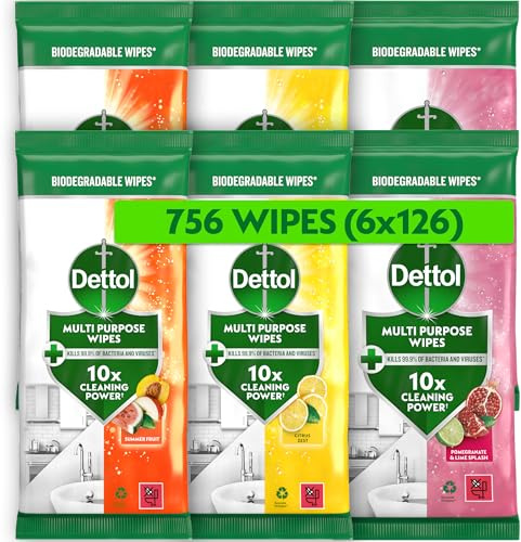 Dettol Antibacterial Cleansing Surface Wipes, Mixed Fragrance, 756 Wipes (126 x 6pck) Large Value, Disinfectant, Home Hygiene, Biodegradable, Kills 99.9 Percent of Germs