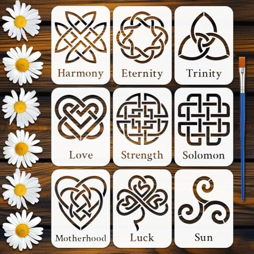 FINGERINSPIRE 9 Stück Schablone Mit Keltischen Symbolen 15x20cm Inklusive Pinsel Wiederverwendbare Triquetra Zeichenvorlage Für DIY Wandmalerei Und Heimdekoration