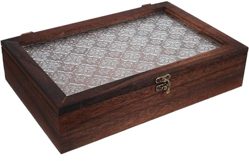 GARVALON Gabinete de Almacenamiento de Madera Grande con Tapa de Vidrio Templado, Caja Organizadora Vintage con Cajones Espaciosos para Té, Maquillaje y Objetos Pequeños, Vitrina