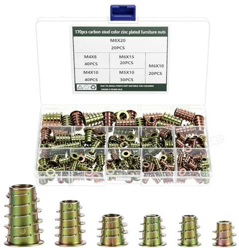 QWORK® 170 piezas tuercas de rosca para madera - tuerca roscada M4 M5 M6 M8 surtido manguitos hexagonales interiores de aleación de zinc con caja de almacenamiento