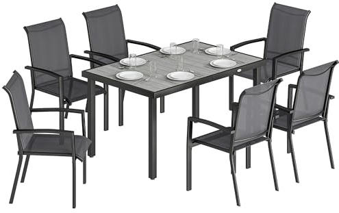 Outsunny Set Tavolo e Sedie da Giardino 7 Pezzi, Set Pranzo Esterno con Tavolo Piano Staccabile, 6 Sedie Impilabili in Texteline Traspirante, Set Mobili da Giardino per Terrazza Balcone Patio, Grigio