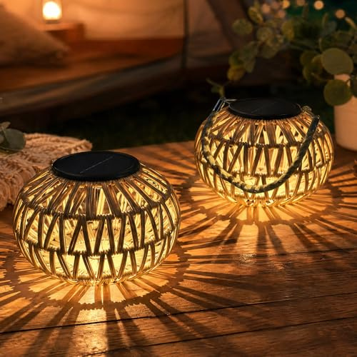 WRQIOO 2 Stück Rattan Solarleuchten für Außen, Solar Hängelampe Outdoor