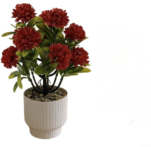 Bonsái de seda de plástico compacto con hortensia y pequeña bola de crisantemo para decoración de mesa de escritorio (rojo)