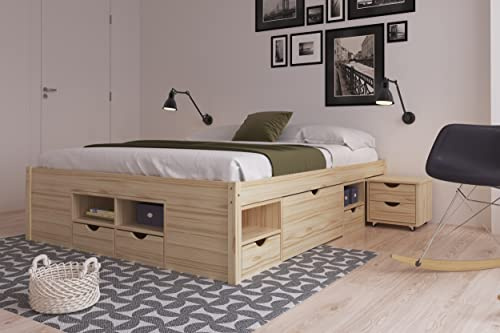 Inter Link - Lit Double Multifonction Avec Rangements - Tables de Chevet, 6 Tiroirs, 8 Niches - Bois Massif, 2 Sommiers - Nature - Claas 160 x 200 cm