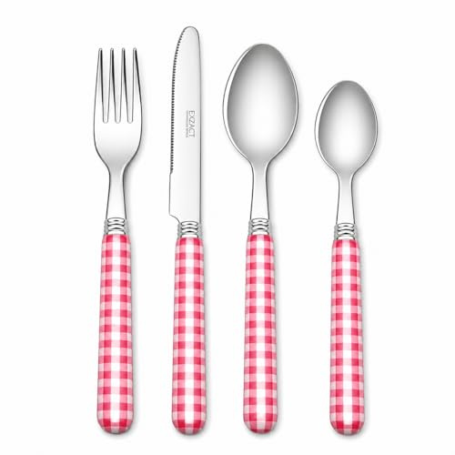 EXZACT Cutlery Set 24pcs Stainless Steel with Gingham Check Coloured Handles - 6 x Forks, 6 x Dinner Knives, 6 x Table Spoons, 6 x Tea Spoons (Pink x 24 pcs)