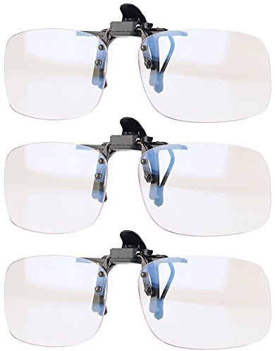 infactory Fernsehbrillen Clip On: 3er-Set Augenschonende Brillen-Clips, Blaulicht-Filter für Bildschirme (Blaufilter, Brillenclip Sonnenschutz, Brille)