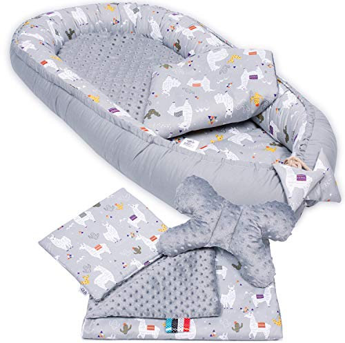 PaLulli Babynest 4-TLG Set 95x55 cm | Babyausstattung mit Matratze & Kuscheldecke | 100% Baumwolle, hypoallergen | Babybett Nestchen für Neugeborene 0-8 Monate (Lama Grau)