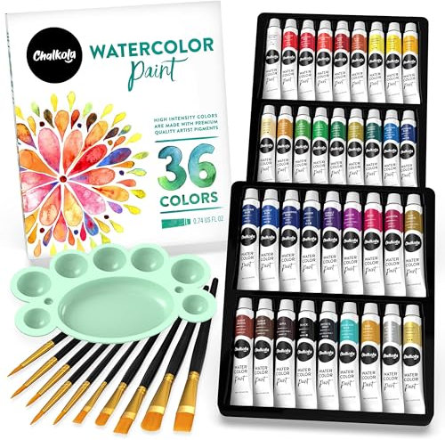 Chalkola Aquarellfarben-Set für Anfänger und Profis | 36 watercolor set (12 ml, 0,4 oz) 10 Pinsel & 1 Palette | Helles Aquarell farben für Leinwand | Kunst- und Malbedarf für Kinder und Erwachsene