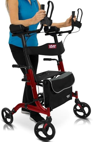 Vive Mobility Upright Rollator Walker for Seniors with Seat and Armrests - Stand Up Folding Heavy Duty Medical Walker for Elderly, Handicap - Walking Assist, Foldable Transport Chair - 300 lb Capacity