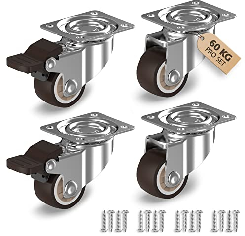 RAVN HAMAN Set di 4 ruote pivottanti per mobili da 25 mm - Ruote piroettanti con freno fino a 15 kg per ruota - Piccole rotelle girevoli in gomma - Rotolamento silenzioso e delicato sui pavimenti