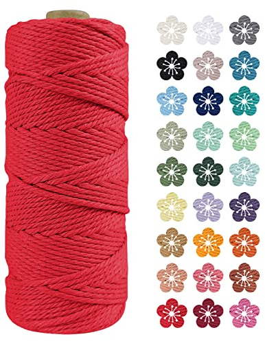 LEREATI Macrame Cord 2mm x 100m, Thick Macrame Rope Natural Cotton Rope Craft String, 3 Strand Twisted Cotton Cord Yarn for DIY Plant Hanger, Wall Hanging, Christmas Decoration (Red)