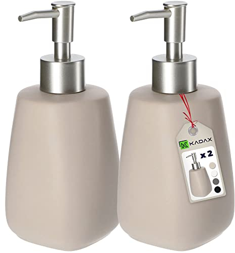 KADAX Dispenser di Sapone Liquido 400 ml, Dosasapone in Ceramica, Portasapone per Detersivo Piatti, Accessori per Bagno e Cucina (Set di 2, Beige)