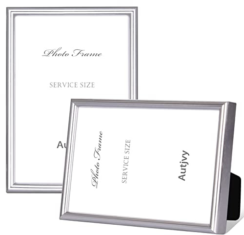 Autjvy 5x7 Picture Frame Set of 2, Silver Brushed Modern Simple Thin Aluminum Metal Photo Frame with HD Real Glass, Display for Tabletop and Wall Collage, 2 Pack