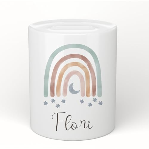 Manufaktur Liebevoll Personalisierte Kinderspardose Regenbogen - Spardose mit Name für Jungen - Keramik (Motiv Flori)
