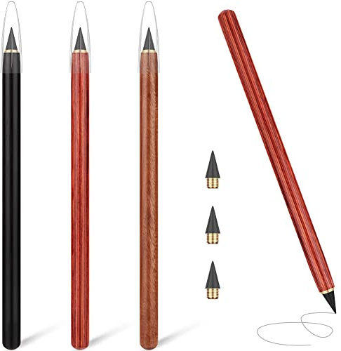 AUAUY 3 PCS Inkless Pencil, Infinity Reusable Everlasting Replaceable Nib Technology Unlimited Eternal Pencil for Writing, Drawing, Students Home Office School Supplies, wooden