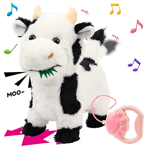Hopearl Walking Cow Interactive Electronic Pet Singing Toy Remote Control Leash Animated Musical Nodding Moo Wagging Tail Touch Recognition Gifts for Toddlers Birthday, 9''