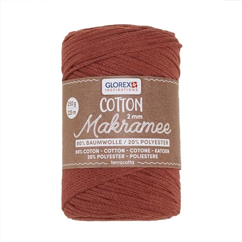 GLOREX 5 1008 32 - Makramee Cotton 2 mm, 250 g, Terracotta, Länge 225 m, dreifachgedrehtes Baumwollgarn, 100 % Baumwolle, zum Häkeln, Stricken, Knüpfen und Gestalten