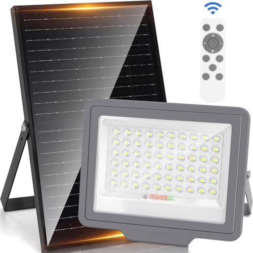 Aigostar-Faro led esterno con pannello solare,15000mAH, Batteria di grande capacità, IP65, 6500K,Faretto solare esterno con telecomando e sensore crepuscolare,funzione timer,cavo da 2M