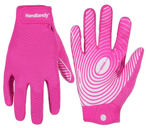 HANDLANDY Football Gloves Men, Sticky Wide Receiver Grip Gloves, Hot Pink Stretch Fit Football Gloves Adult (Hot Pink- Adult, Medium)
