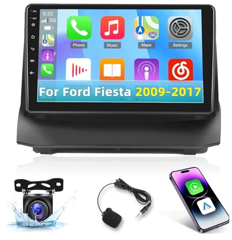 Andorid Stereo Auto Doppio Din per Ford Fiesta 2009-2017 con Carplay e Android Auto - 2+64G 8 Core 9 Pollici IPS Touchscreen Radio - WiFi DSP Mirror Link GPS Spilt Screen + AHD Rear View Camera + Mic