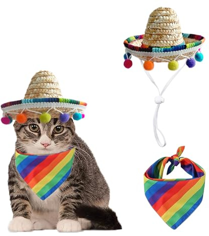 AWOCAN Chapeau de Paille Amusant Mexicain pour Animal de Compagnie - Écharpe Arc-en-Ciel - Décorations de fête pour Anniversaire pour Petits Animaux de Compagnie, Chiot, Chat (Multicolore + S)