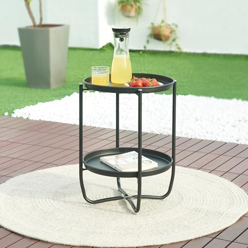 [en.casa] Outdoor Beistelltisch Sandefjord Tabletttisch Balkontisch mit 2 abnehmbaren Tabletts Schwarz Gartentisch 57,5 x Ø40 cm rund Indoor Metalltisch