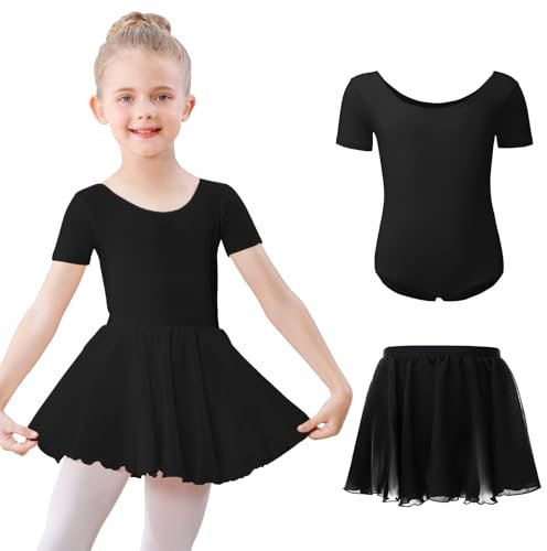 Ballettkleidung Mädchen Kurzarm Ballettkleid Baumwolle Balletttrikot Kinder Ballettanzug Ballettbody mit Chiffon Rock Tütü 3-11Jahre Schwarz 140