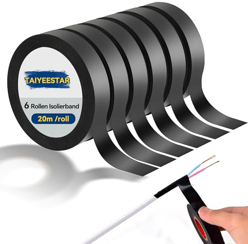 Taiyeestar 6 Rollen Isolierband à 20 m, Isolierband Schwarz Wasserdicht, Klebeband Schwarz, Electrical Tape zum Schutz, Bündeln und Reparieren von Kabeln, 20mm x 20 m
