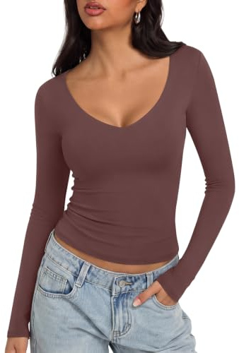 REORIA Women's V Neck Long Sleeve Slim Fitted Soft Layering Basic Shirt | Smooth Stretch Fabric,Going Out Tops,Double Layered,Versatile styling for both formal and casual occasions