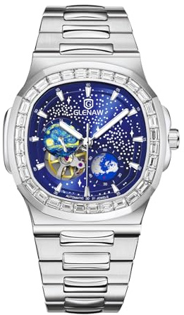 GLENAW Reloj automático Tourbillon para hombre, reloj de esqueleto cuadrado de acero inoxidable, reloj mecánico de cuerda automática, 8657-azul