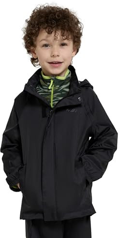 Mountain Warehouse Pakka Kids Waterproof Jacket & Overtrousers Set - Splash Pants with Front Pockets & Raincoat with Packaway Hood - Autumn, Wet Weather Black Teen Size 13 Years
